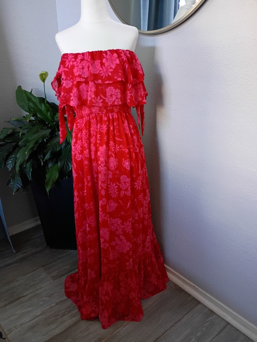 Lulu's Bright Red Floral Off-Shoulder Maxi Dress
